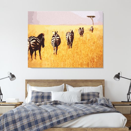 Serene Safari - Zebras im goldenen Grasland Leinwanddruck (Insitu (Schlafzimmer))