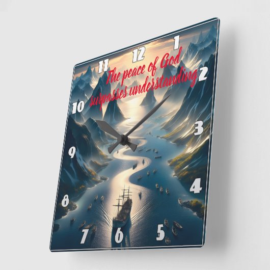 Serene Sail: Boot, Wasser, Berge Quadratische Wanduhr (Winkel)