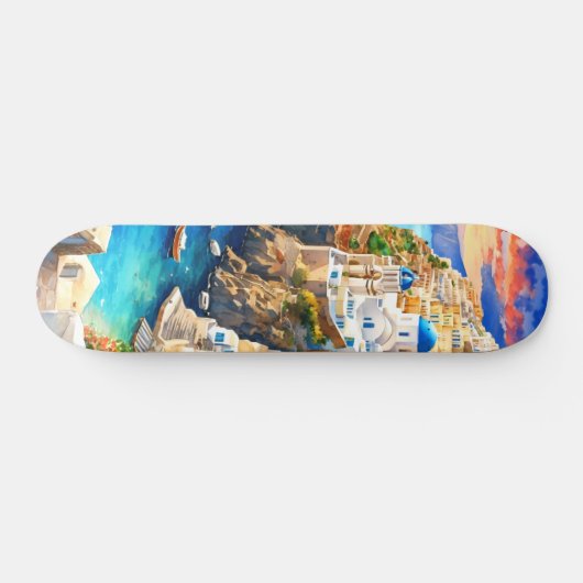 Serene "Santorini Sunset" Wasserfarbe Skateboard (Horizontal)