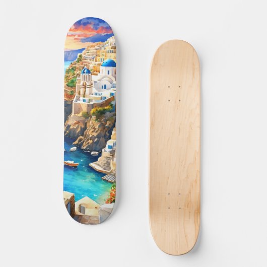 Serene "Santorini Sunset" Wasserfarbe Skateboard (Vorderseite)
