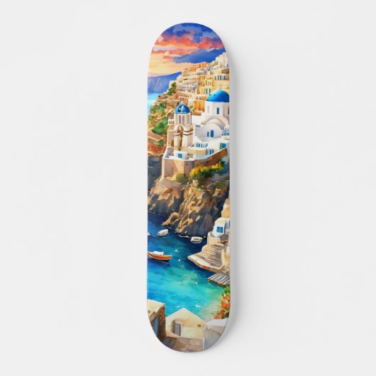 Serene "Santorini Sunset" Wasserfarbe Skateboard (Vorne)