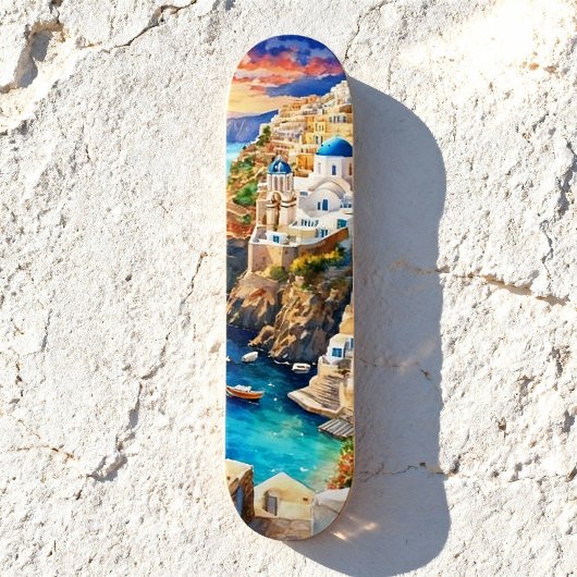 Serene "Santorini Sunset" Wasserfarbe Skateboard