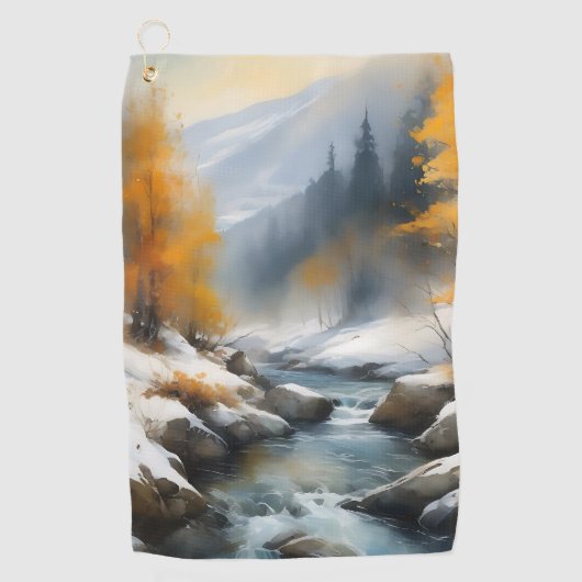 Serene schneebedeckte Flusslandschaft Golfhandtuch (Vorderseite)