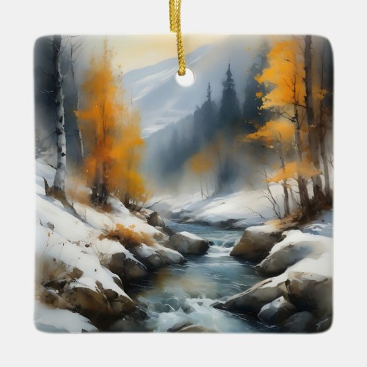 Serene schneebedeckte Flusslandschaft Keramikornament (Vorderseite)