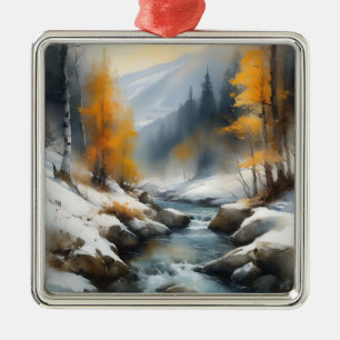 Serene schneebedeckte Flusslandschaft Ornament Aus Metall