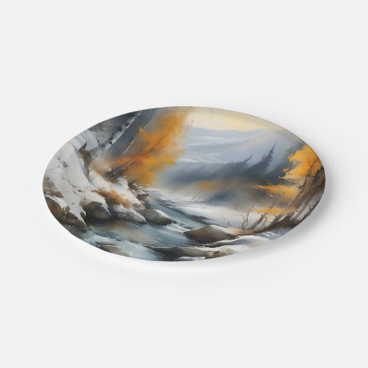 Serene schneebedeckte Flusslandschaft Pappteller (Schrägansicht)