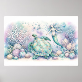 Serene Sea Turtle und Mermaid Print Poster