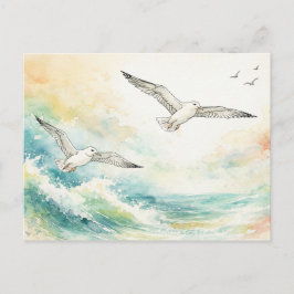 Serene Seagulls Over Ocean Waves Watercolor Feiertagspostkarte