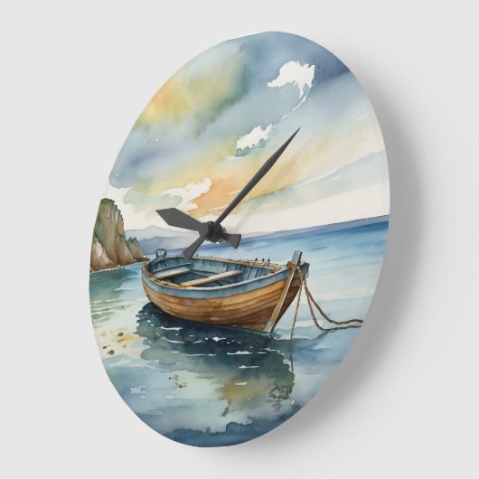 Serene Seascape: Wasserfarbene Bootuhr Große Wanduhr (Winkel)