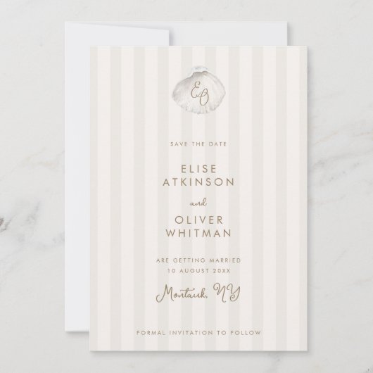 Serene Shell Monogram Küstenstreifen Hochzeit Save The Date (Vorderseite)