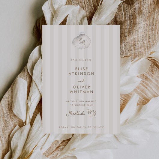 Serene Shell Monogram Küstenstreifen Hochzeit Save The Date