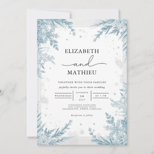 Serene Sky Blue Winter Botanical Wedding Einladung (Vorderseite)