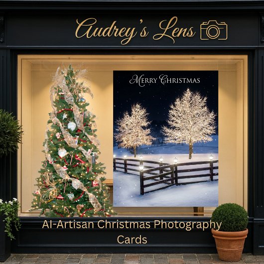 Serene snowy landscape illuminated by lit trees karte