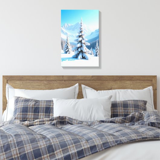 Serene Snowy Mountain Landscape & Winter Pine Tree Leinwanddruck (Insitu (Schlafzimmer))