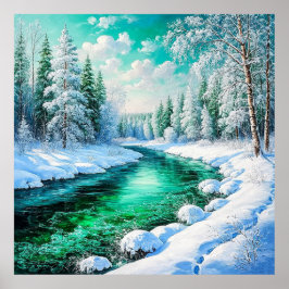 Serene Snowy Riverbank mit Evergreen Trees Poster