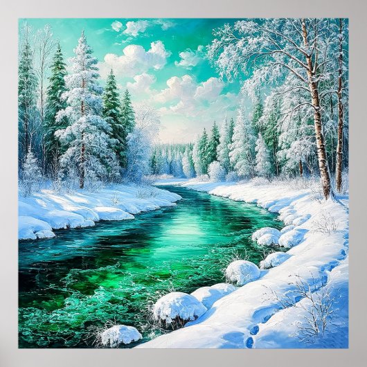 Serene Snowy Riverbank mit Evergreen Trees Poster (Vorne)