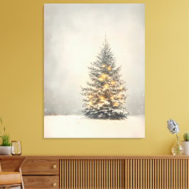 Serene Snowy Weihnachtsbaum mit Goldenem Glanz Leinwanddruck