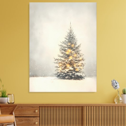 Serene Snowy Weihnachtsbaum mit Goldenem Glanz Leinwanddruck (Insitu (Wohnzimmer))