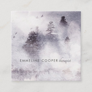 Serene Soft Watercolor Trees Blue Business Card Quadratische Visitenkarte