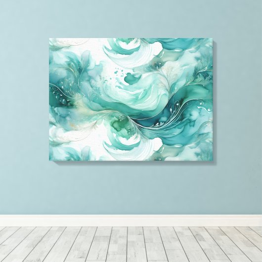Serene Splash: Abstrakte Wasserfarbe in Aquamarin Leinwanddruck (Insitu (Holzboden))