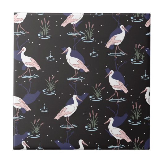 Serene Stork Pond Pattern - Elegante Spiegelungen Fliese (Vorderseite)