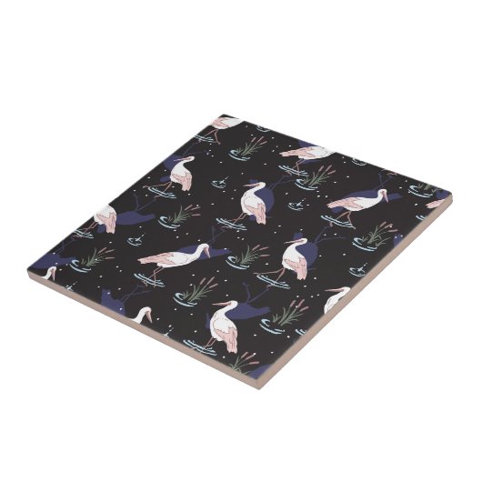 Serene Stork Pond Pattern - Elegante Spiegelungen Fliese (Seite)
