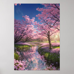 Serene Stream und Sakura Trees Poster