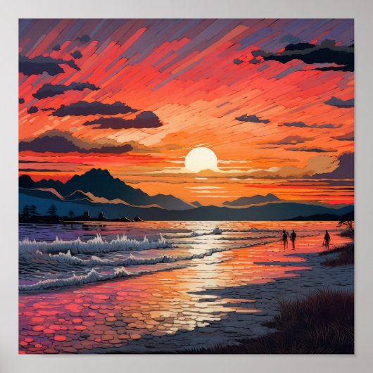 Serene Sunset Beach: Abstrakter japanisch-Inspirie Poster (Vorne)