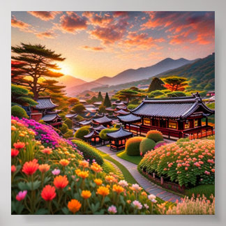 Serene Sunset Over Japanese Garden, Landschaft Poster
