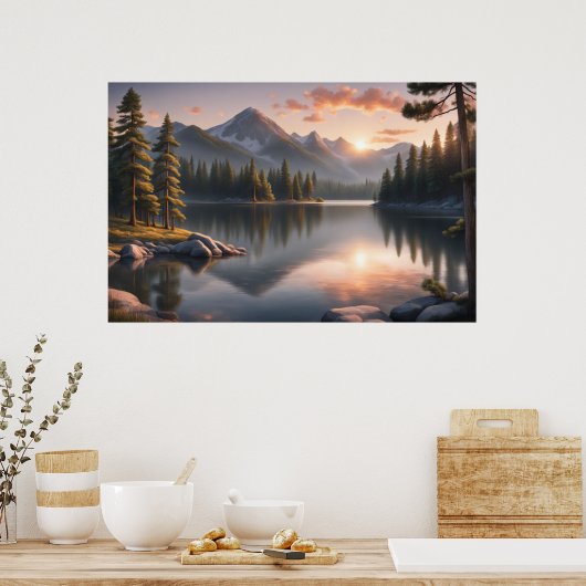 Serene Sunset Over Mountain Lake Poster (Küche)