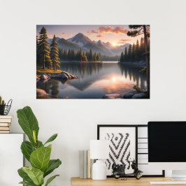Serene Sunset Over Mountain Lake Poster