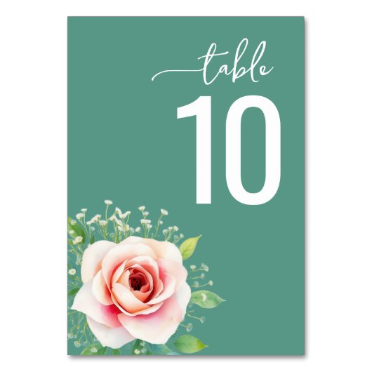 Serene Teal Botanical Wedding Table Card Tischnummer (Vorderseite)