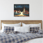 Serene Village Under Crescent Moon Canvas Print Leinwanddruck (Insitu (Schlafzimmer))
