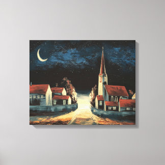 Serene Village Under Crescent Moon Canvas Print Leinwanddruck
