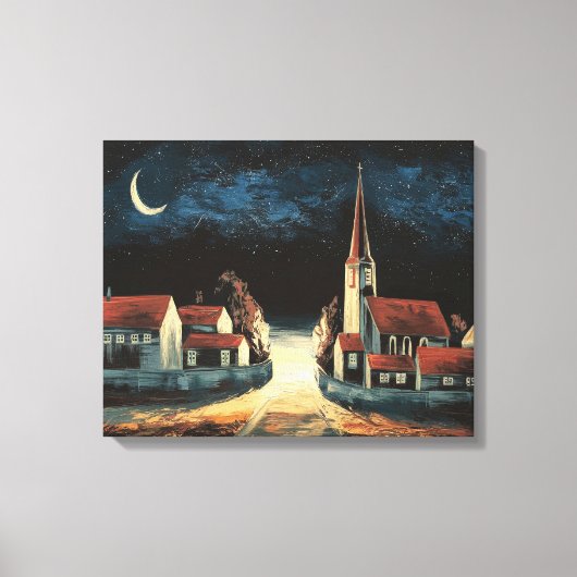 Serene Village Under Crescent Moon Canvas Print Leinwanddruck (Vorderseite)