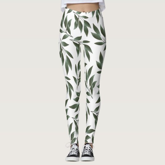 Serene Watercolor Branches Green Leaves Muster Leggings (Vorderseite)