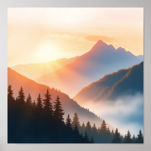 Serene Watercolor Mountain Landscape Wall Art Poster (Vorne)