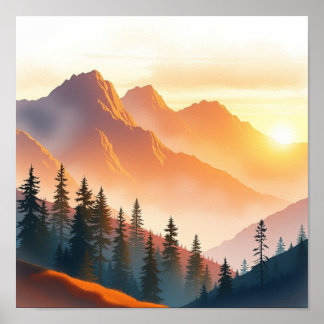 Serene Watercolor Mountain Landscape Wall Art Poster