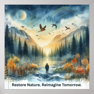 Serene Watercolor Natur Landschaft mit Falken Art Poster