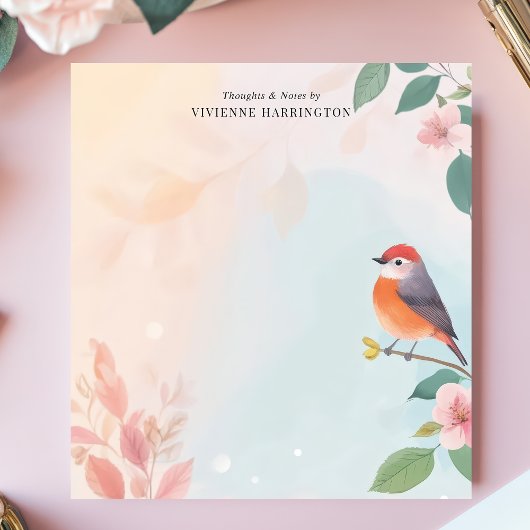 Serene Watercolor Robin Bird Floral Personalisiert Notizblock