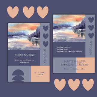 Serene Watercolor Sunset Lake Modern Grid Wedding Einladung