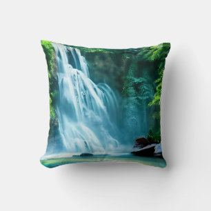 Serene Waterfall in Pale Blue und Green Kissen