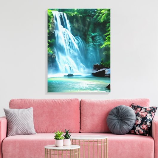Serene Waterfall in Pale Blue und Green Leinwanddruck (Insitu (Wohnzimmer))