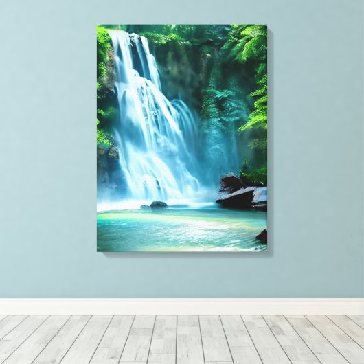Serene Waterfall in Pale Blue und Green Leinwanddruck (Insitu (Holzboden))