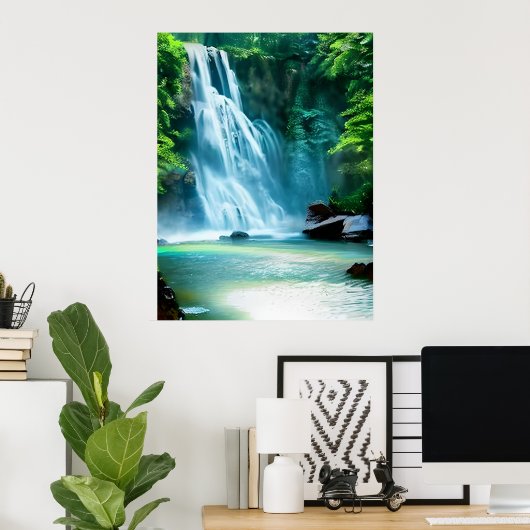 Serene Waterfall in Pale Blue und Green Poster (Heimbüro)