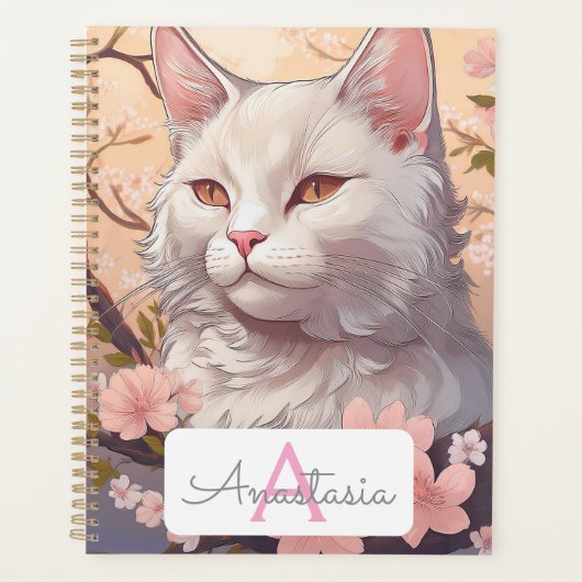 Serene White Cat Planner mit Name und Monogramm Planer (Vorderseite)