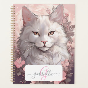 Serene White Cat Planner mit Name und Monogramm Planer