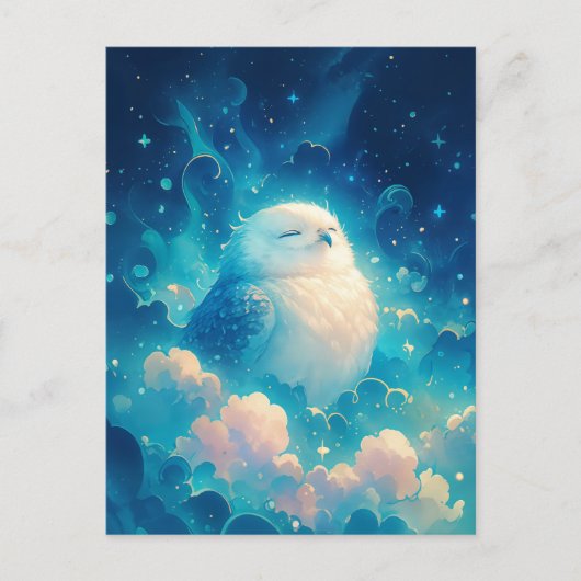 Serene White Owl Napping in Blue Clouds Postkarte (Vorderseite)