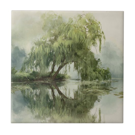 Serene Willow Tree Reflection Nature Art (5) Fliese (Vorderseite)