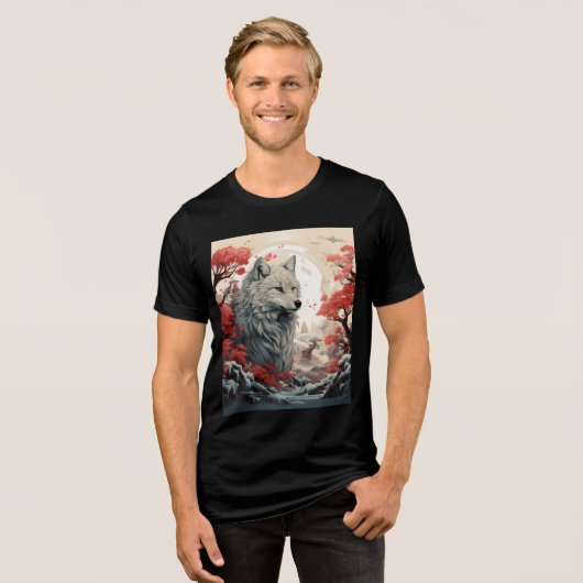 Serene Wolf in Mystical Autumn Forest Tri-Blend Shirt (Vorderseite voll)
